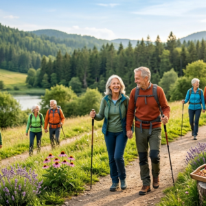 Group of smiling seniors hiking along a sunlit meadow trail beside a lake, with forested hills in the background and a small picnic setup on a stump with fruit and drinks to the right.