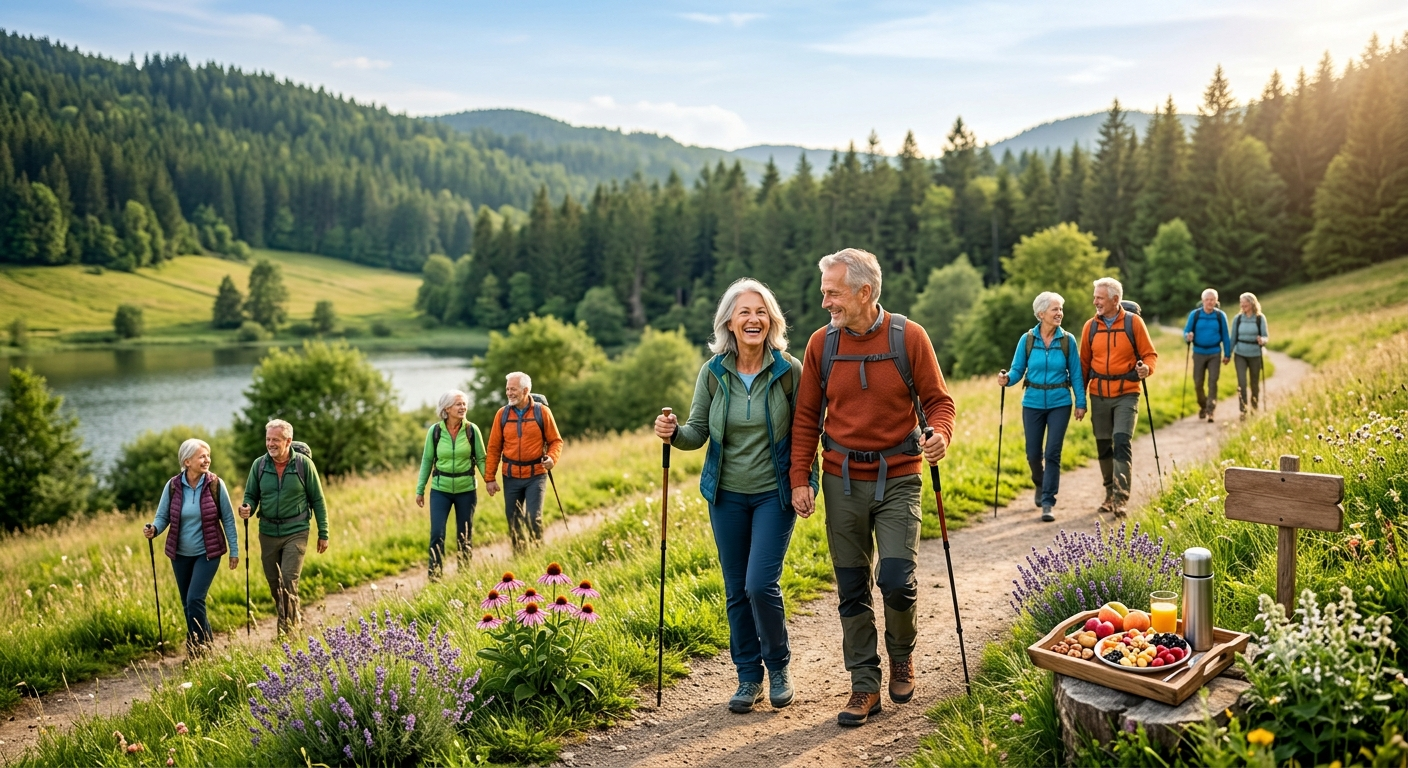 Group of smiling seniors hiking along a sunlit meadow trail beside a lake, with forested hills in the background and a small picnic setup on a stump with fruit and drinks to the right.